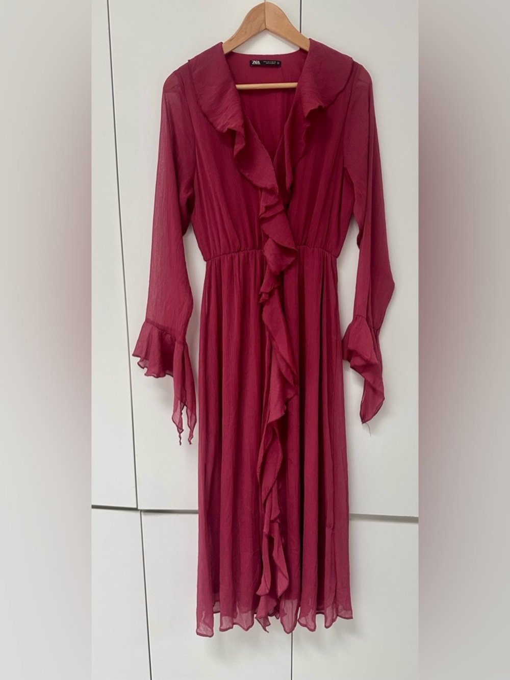 Zara Long-Sleeve Ruffle Midi Dress in Deep Berry